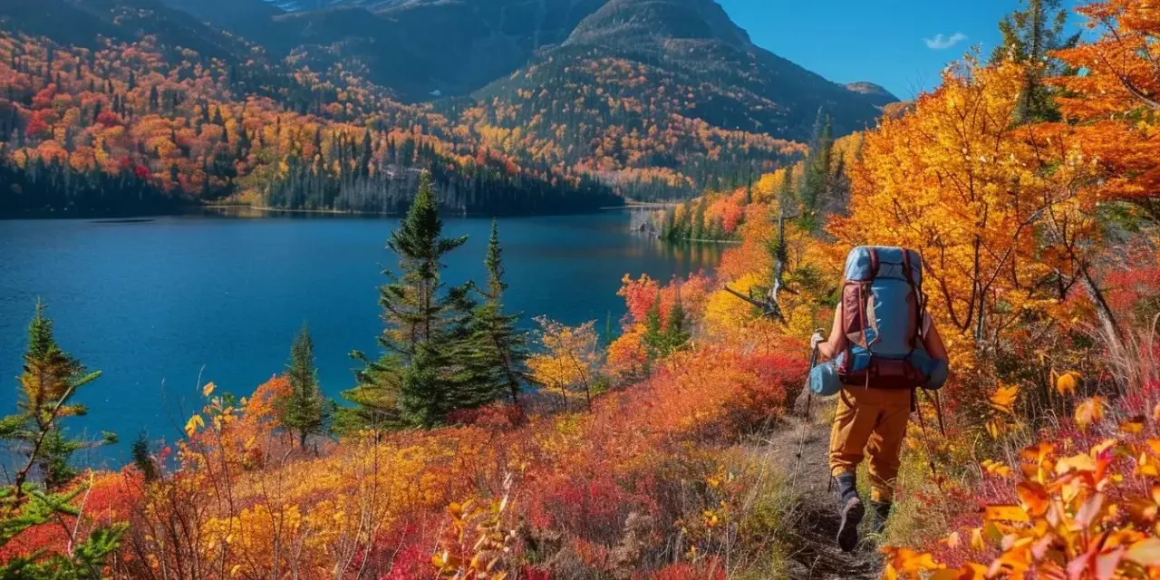 Un randonneur explore un sentier bordé d'arbustes aux couleurs flamboyantes, idéal pour randonner en octobre en France, avec un lac bleu et des montagnes en arrière-plan.