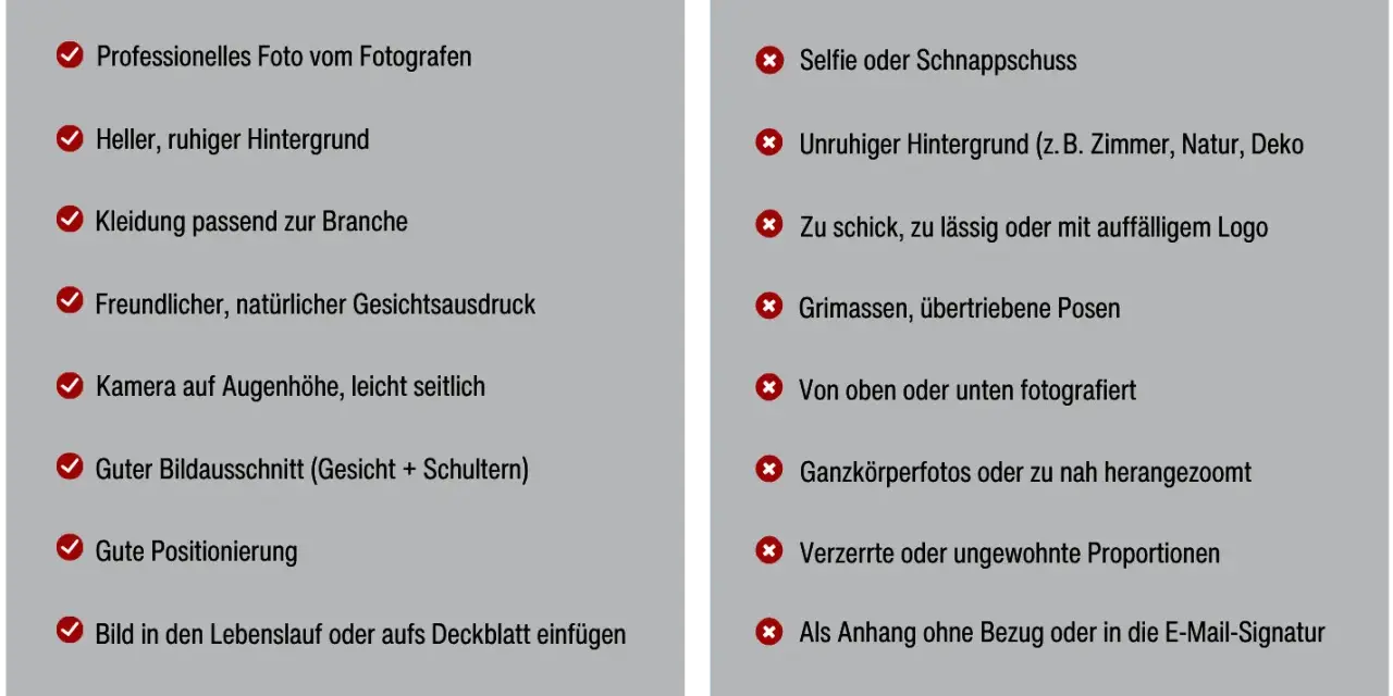 Professionelles Foto, heller Hintergrund, passende Kleidung – so kommt ein gutes Bild in den Lebenslauf. Vermeide Selfies und unruhige Hintergründe.