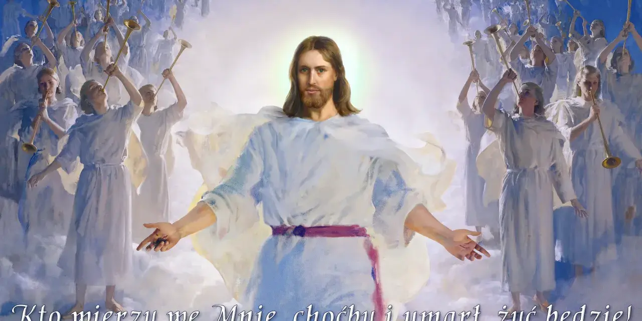 Jezus Chrystus z aniołami grającymi na trąbach. Wierni, niczym żołnierze Chrystusa, otaczają Go w chwale.