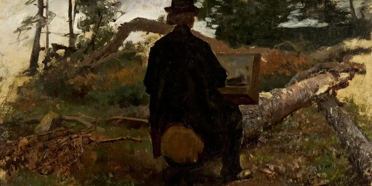 Un peintre hollandais du 20ème siècle, chapeau sur la tête, peint en plein air, assis sur une souche au milieu d'une forêt.