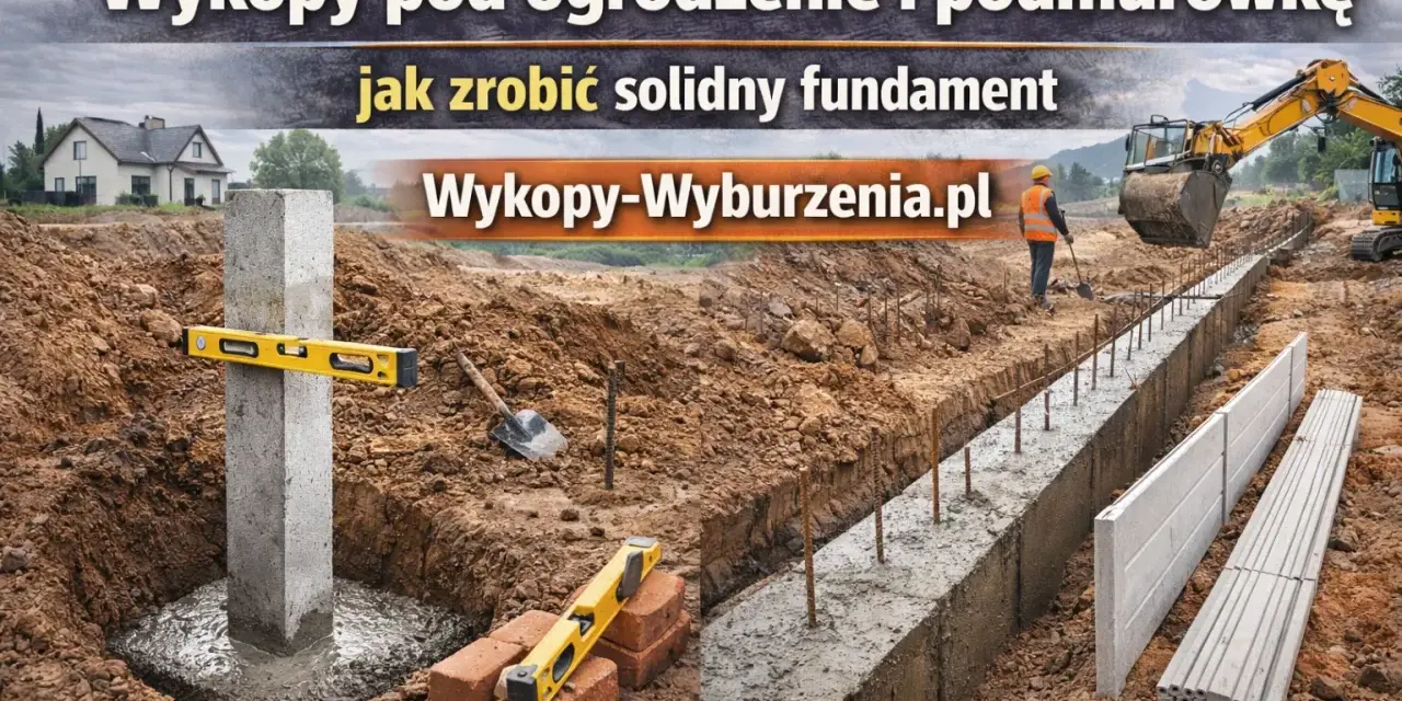 Solidny fundament pod ogrodzenie w trakcie budowy. Betonowy słup z poziomicą, łopata i koparka w tle.