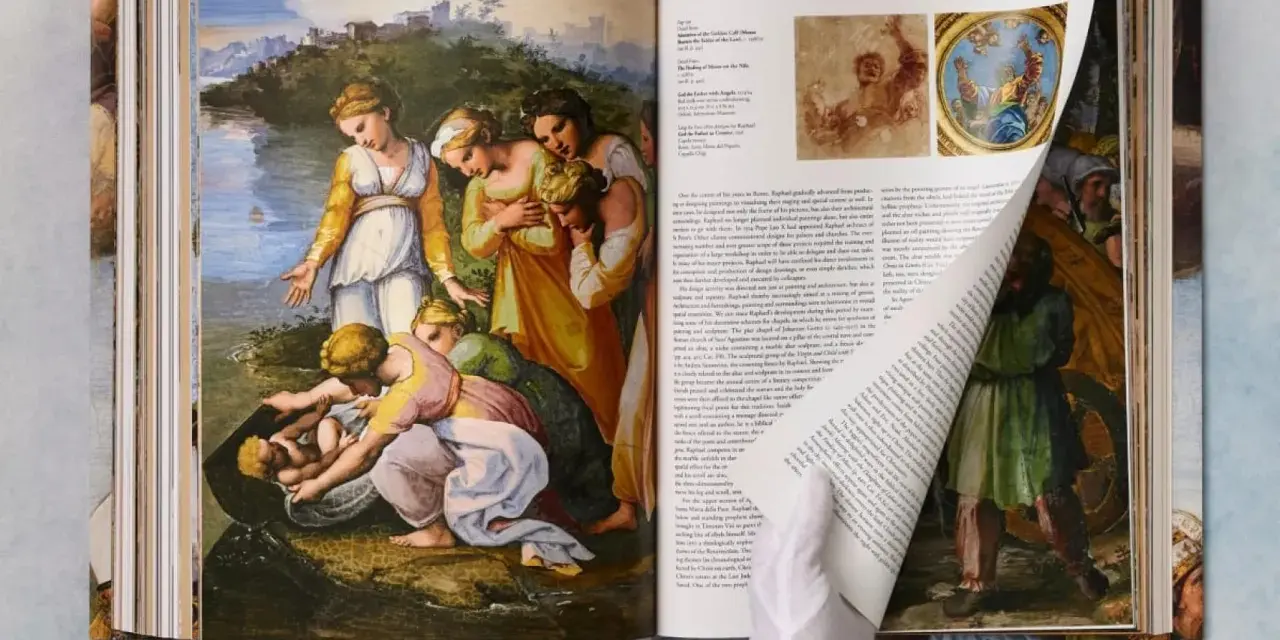 Obras de arte de Rafael Sanzio, como "El hallazgo de Moisés", en un libro abierto.