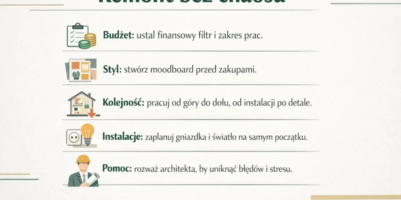 Jak zacząć remont mieszkania? Poradnik: budżet, styl, kolejność prac, instalacje i pomoc architekta.