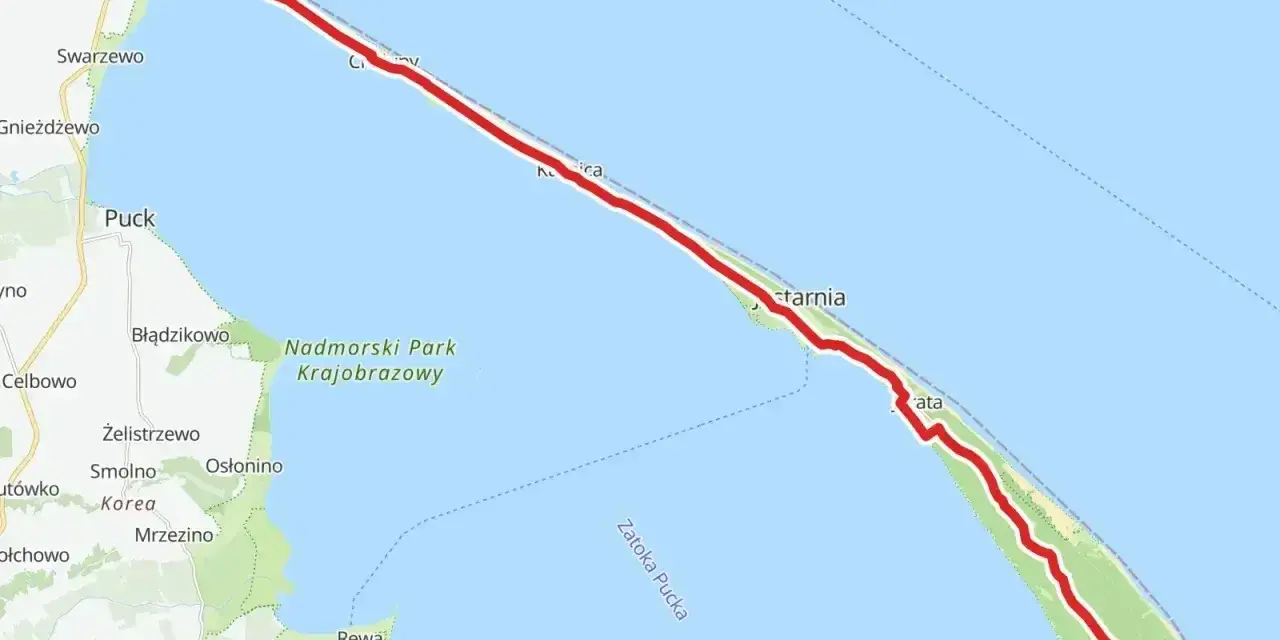 Trasa Velo Baltica od Władysławowa przez Półwysep Helski do Helu, wzdłuż wybrzeża Bałtyku.