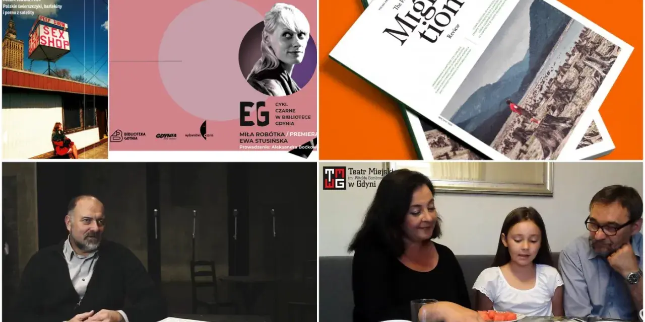 Cztery obrazy: plakat filmowy, okładka magazynu, mężczyzna przy stole, rodzina.