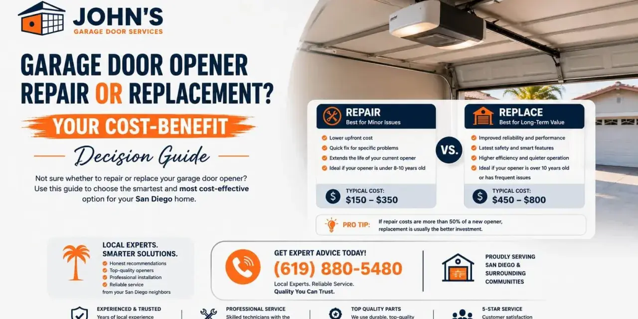 John's Garage Door Services offers a cost-benefit guide for garage door opener maintenance, comparing repair vs. replacement options.