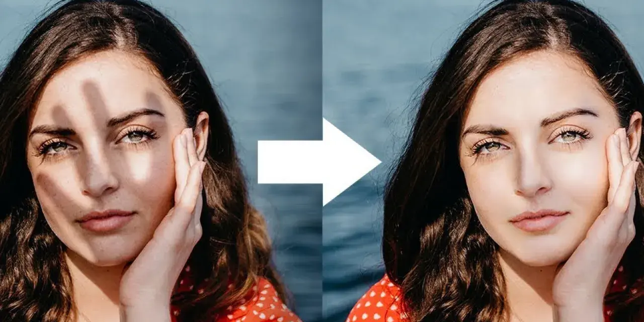 Efekt photoshop cień: usunięto niechciane cienie z twarzy kobiety, rozjaśniając jej skórę i podkreślając urodę.