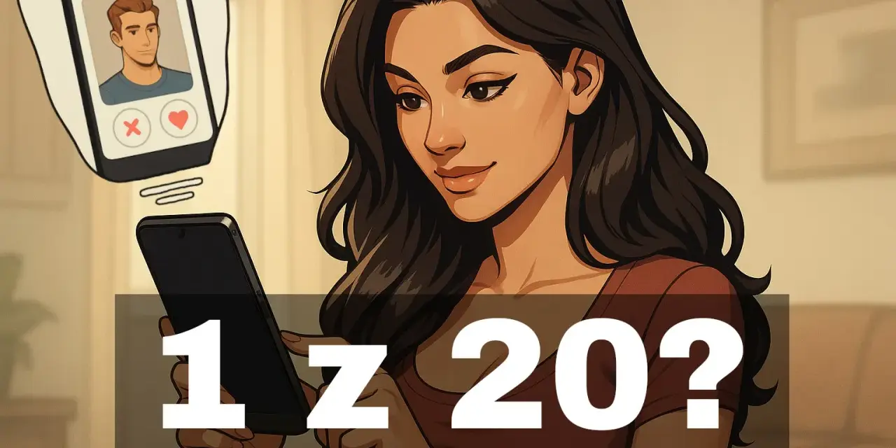 Kobieta przegląda profile na Tinderze, zastanawiając się nad statystykami: 1 z 20?