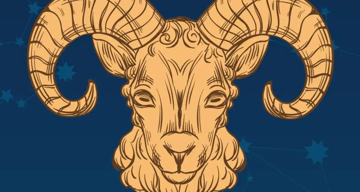 Ilustracja przedstawia głowę barana z charakterystycznymi, zakręconymi rogami. To znak zodiaku Baran, symbolizujący energię i odwagę.