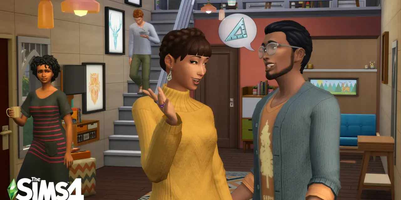 Sims 4: Una pareja discute ideas, mientras otro Sim baja las escaleras.