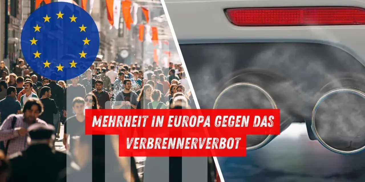 EU-Flagge über Menschenmenge, daneben Auspuff mit Rauch. Text: "Mehrheit in Europa gegen das verbrenner-verbot 2035 gekippt".