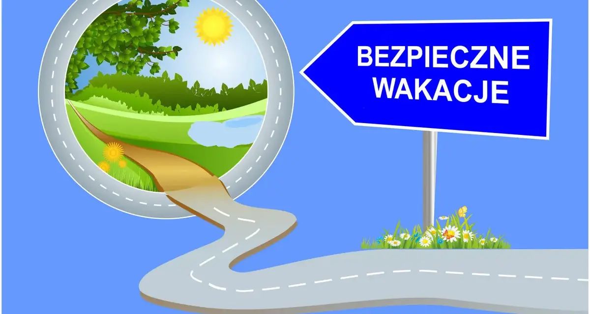 Droga prowadząca do zielonego krajobrazu pod znakiem "Bezpieczne wakacje".
