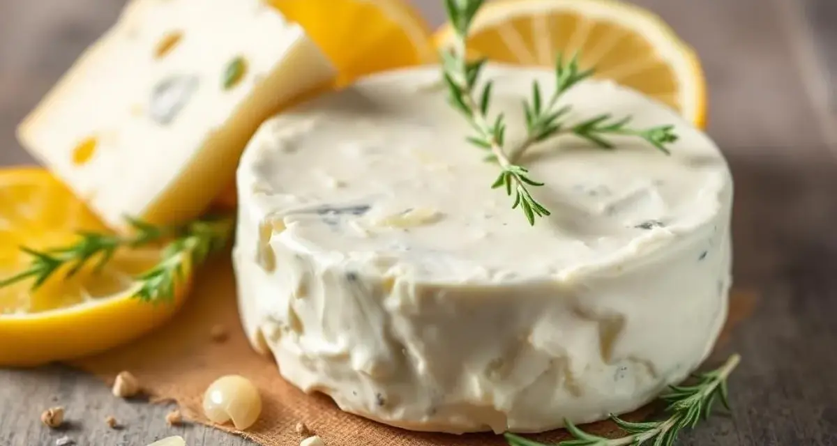 Un délice crémeux : fromage frais ail et fines herbes, garni de romarin frais, avec des tranches de citron et un morceau de fromage bleu en arrière-plan.