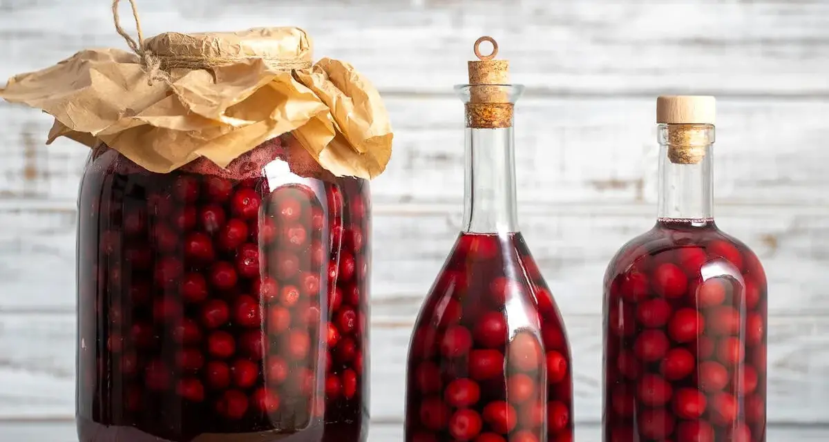 Ein großes Glas und zwei Flaschen gefüllt mit Kirschen und Alkohol. Perfekt für ein schnaps selber machen rezept.
