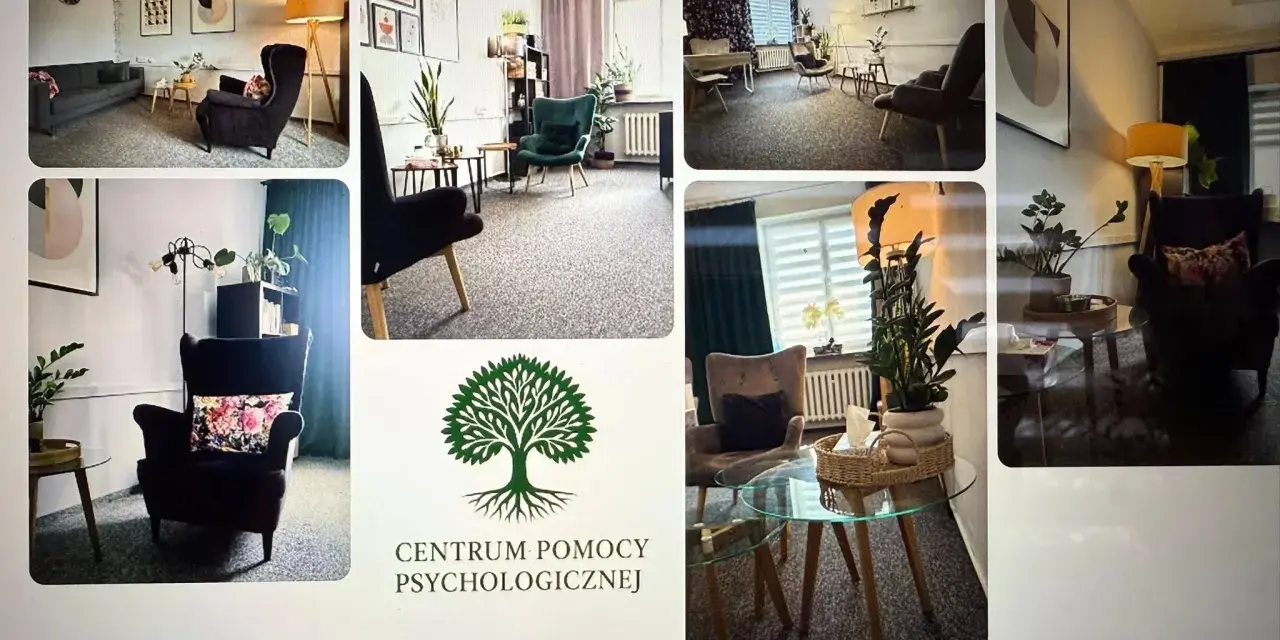 Kolaż zdjęć gabinetów psychologicznych z fotelem, kanapą i roślinami.