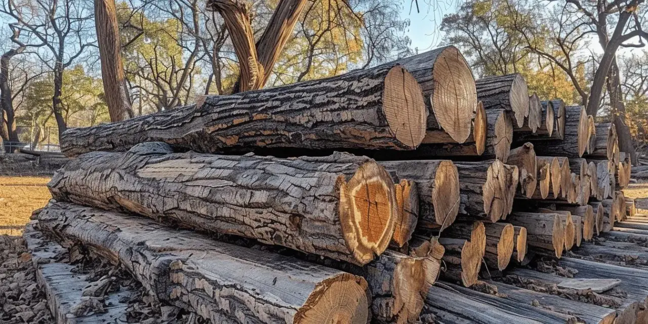 Gros troncs de bois d'acacia empilés, prêts pour le feu de camp. Leurs cernes révèlent leur âge.