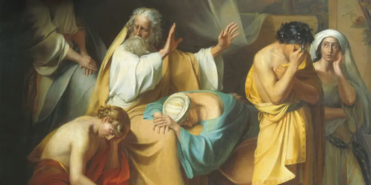 Noah, distraught, gestures as his sons mourn. This scene depicts the aftermath of Ham's transgression, leading to why Noah cursed Canaan.