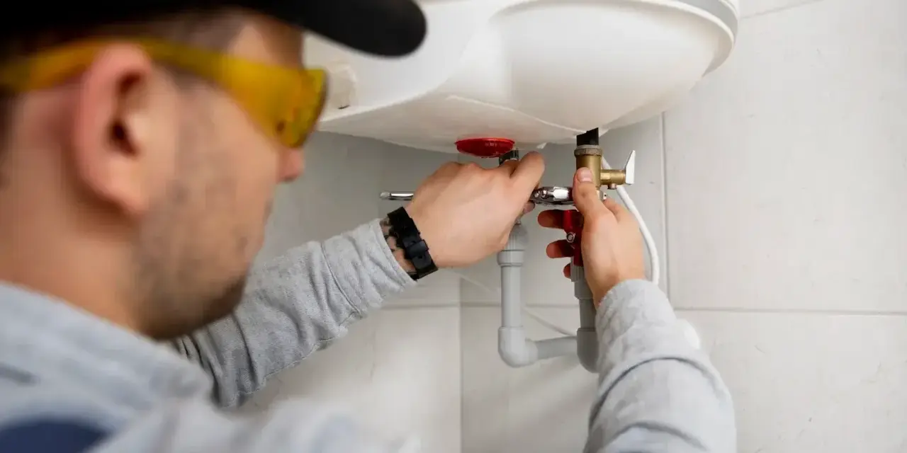 Instalator w okularach ochronnych podłącza bojler elektryczny, pracując przy rurach.