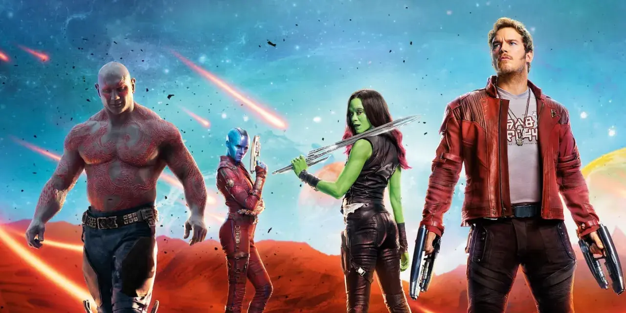 Die Guardians of the Galaxy stehen bereit, ein episches Abenteuer zu beginnen. Drax, Gamora, Nebula und Star-Lord posieren vor einem Sternenhimmel.