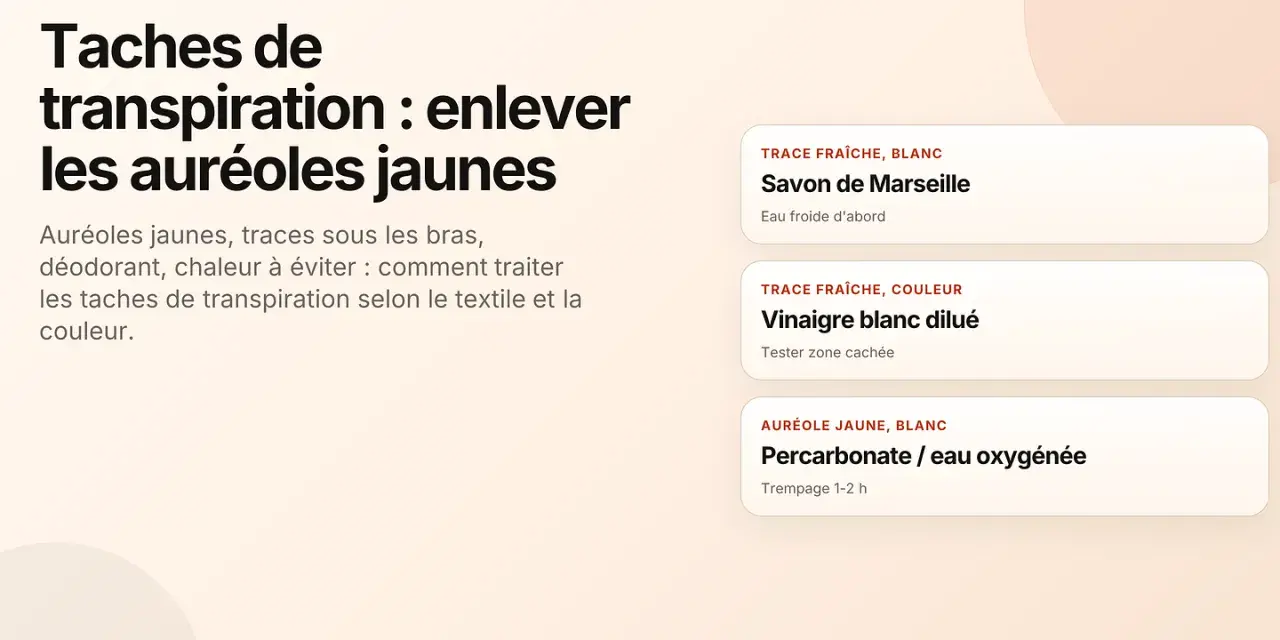 Conseils pour enlever les taches de transpiration, notamment les auréoles jaunes sous les bras. Solutions : savon de Marseille, vinaigre blanc, percarbonate.