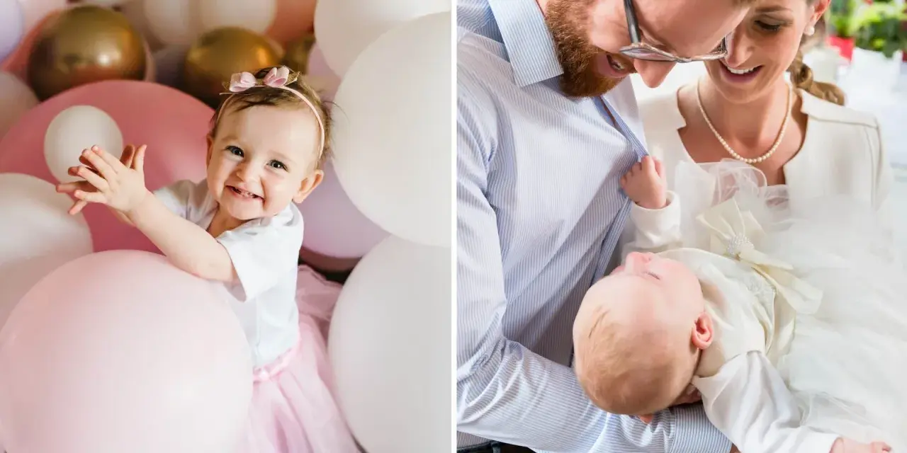 Glad baby omgiven av ballonger, och en familj som håller sitt nyfödda barn i en hjärtask-liknande dopklänning.