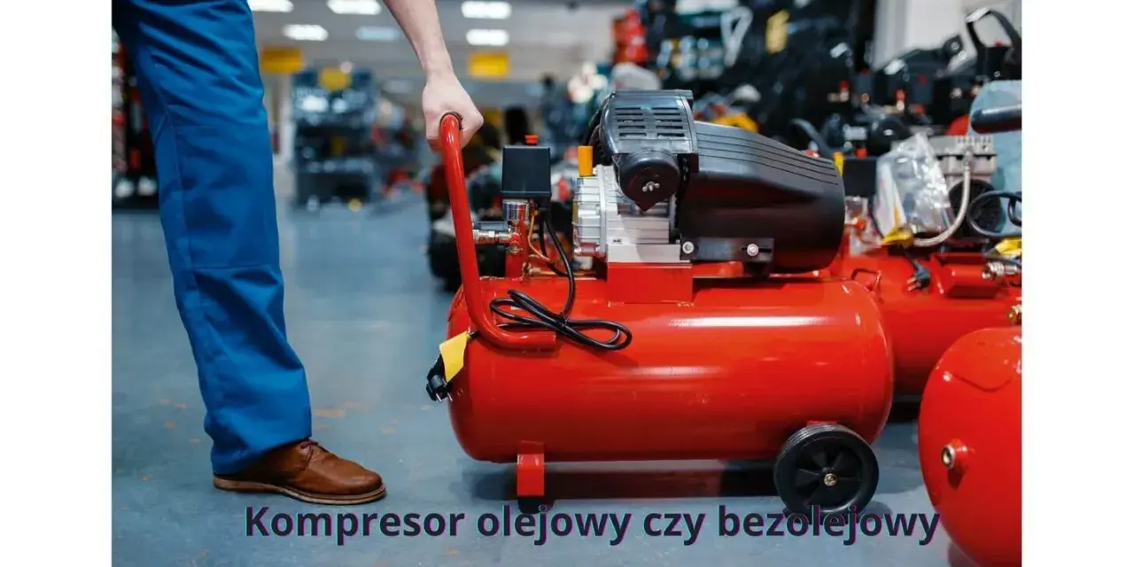Czerwony kompresor olejowy czy bezolejowy? Mężczyzna w niebieskich spodniach przygotowuje się do pracy z tym urządzeniem.