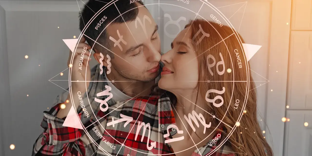Para Panny, jaki znak zodiaku pasuje? Romantyczna para na tle koła zodiaku, symbolizującego astrologiczne dopasowanie.