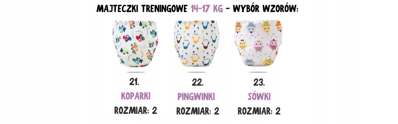 Trzy wzory majtek treningowych dla dziewczynki: koparki, pingwinki i sówki. Rozmiar 2, na wagę 14-17 kg.