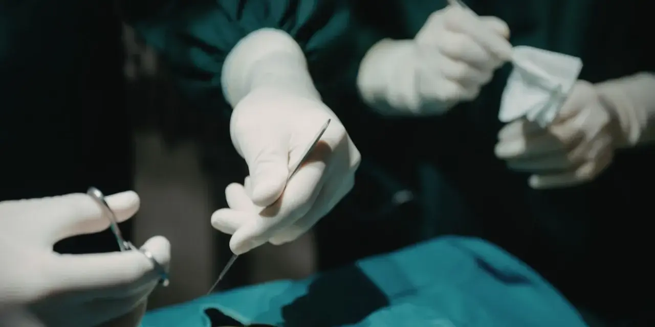 Dłonie chirurga w rękawiczkach trzymające narzędzia chirurgiczne i gazę.