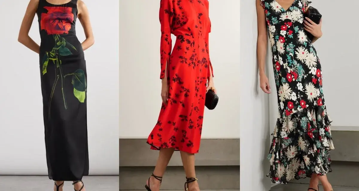 Tre donne indossano abiti a fiori. Quali scarpe mettere con un vestito a fiori? Sandali eleganti e décolleté completano i look.