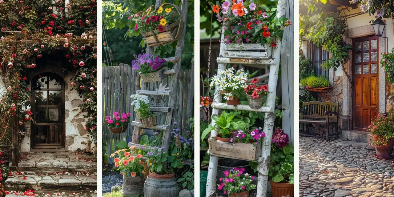 Blumenranken und bunte Blüten schmücken den Eingang. Alte Leitern werden kreativ genutzt, um den hauseingang gestalten und ihm ein charmantes Aussehen zu verleihen.