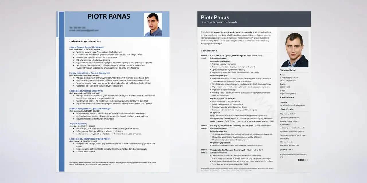 CV Piotra Panasa, lidera zespołu operacji bankowych, z podaniem o pracę.