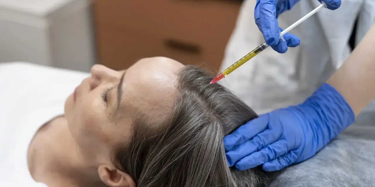 Una mano con guante azul aplica una inyección en el cuero cabelludo de una mujer, buscando aliviar el dolor y estimular el crecimiento del cabello.