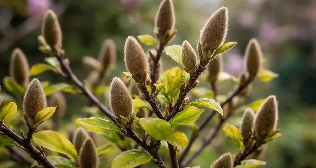 Puszyste pąki magnolii zapowiadają wiosenne kwitnienie. W tle delikatne różowe kwiaty.