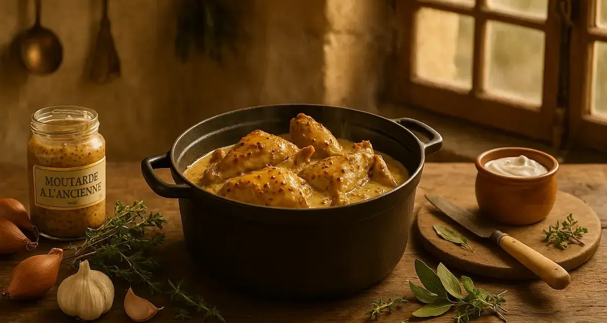 Un plat fumant de lapin à la moutarde, servi dans une cocotte en fonte, avec des ingrédients frais disposés autour.