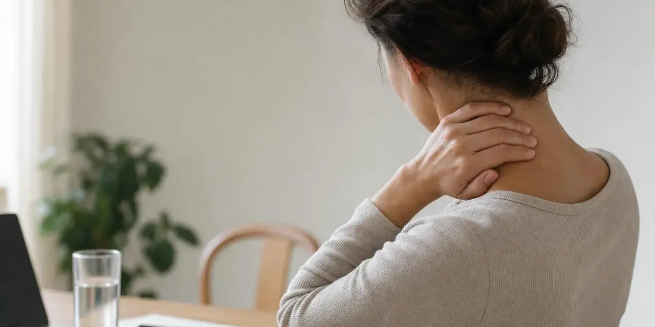 Donna con mal di testa che si massaggia il collo, suggerimenti su come far passare il mal di testa.