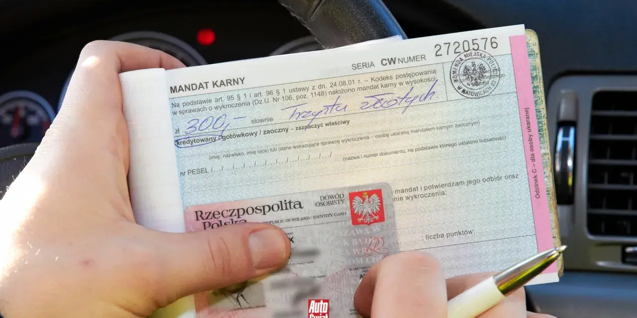 Dłoń trzyma mandat karny i dowód osobisty.