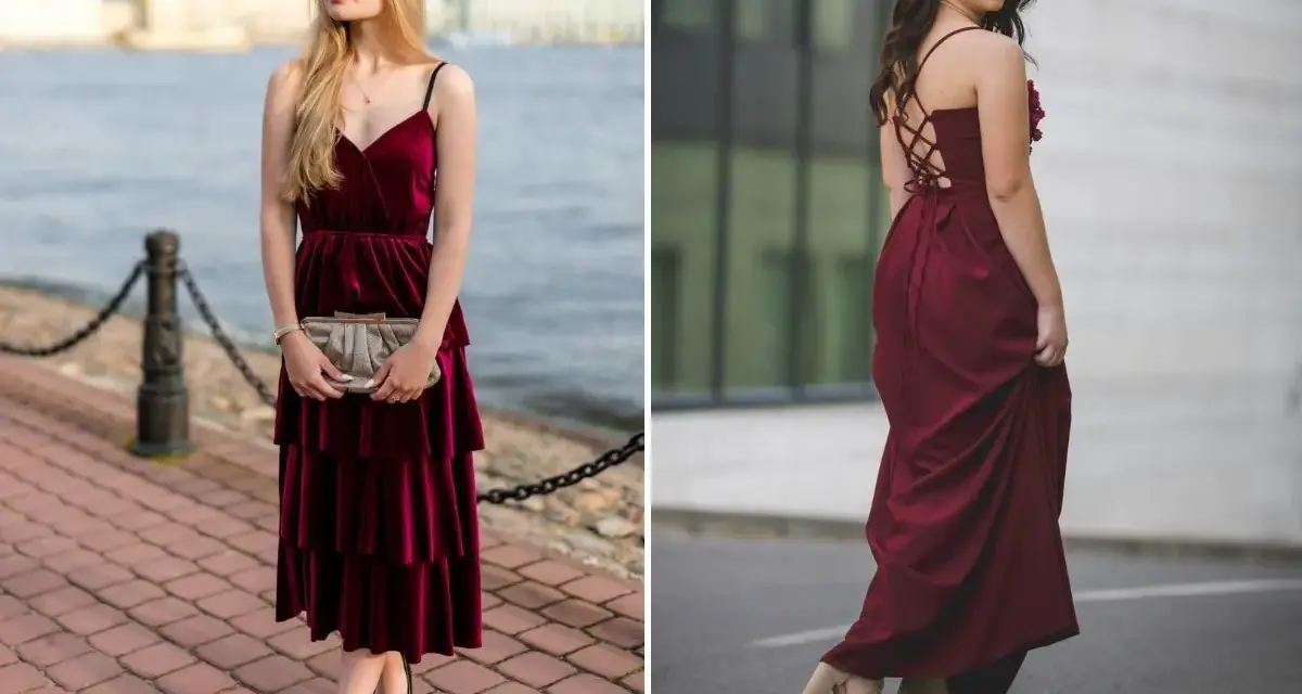 Eleganckie stylizacje: jakie buty do bordowej sukienki? Dwie kobiety prezentują bordowe kreacje, jedna w welurowej sukience midi i czarnych szpilkach, druga w długiej sukni i beżowych sandałkach.