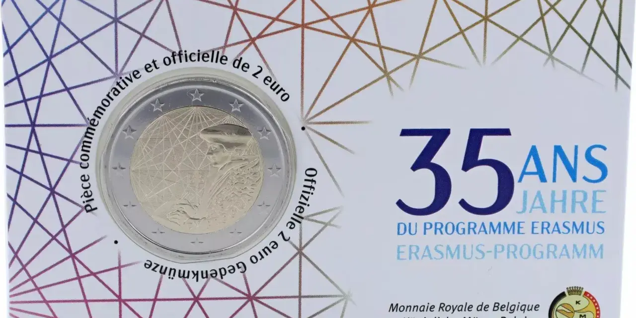 Pièce commémorative 2 euros 35 ans du programme Erasmus 1987-2022. Valeur pièce 2 euros.