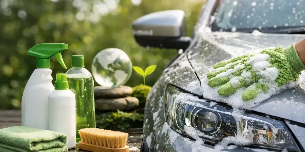 Tvätta bilen hemma med miljövänliga produkter. En hand med tvätthandske tvättar bilen i solljus.