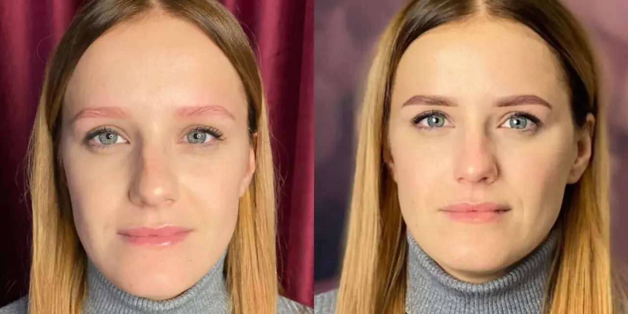Efekt metamorfozy brwi: henna pudrowa przed i po. Piękne, naturalne brwi po zabiegu.