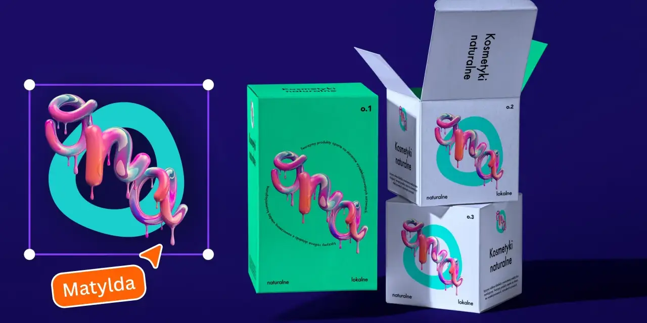 Logo szkoły przykłady: trójwymiarowe, błyszczące litery "Matylda" na tle pudełek z kosmetykami naturalnymi.