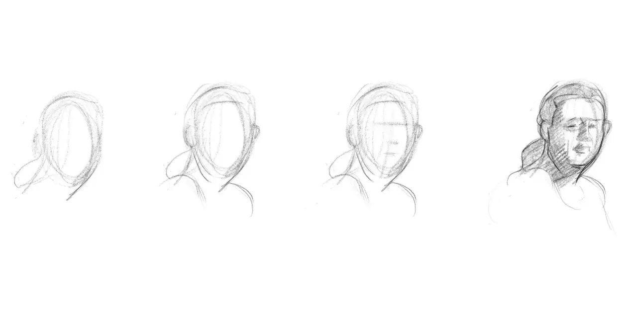 Quatre étapes d'un dessin contour d'un visage, du croquis initial à une esquisse plus détaillée.