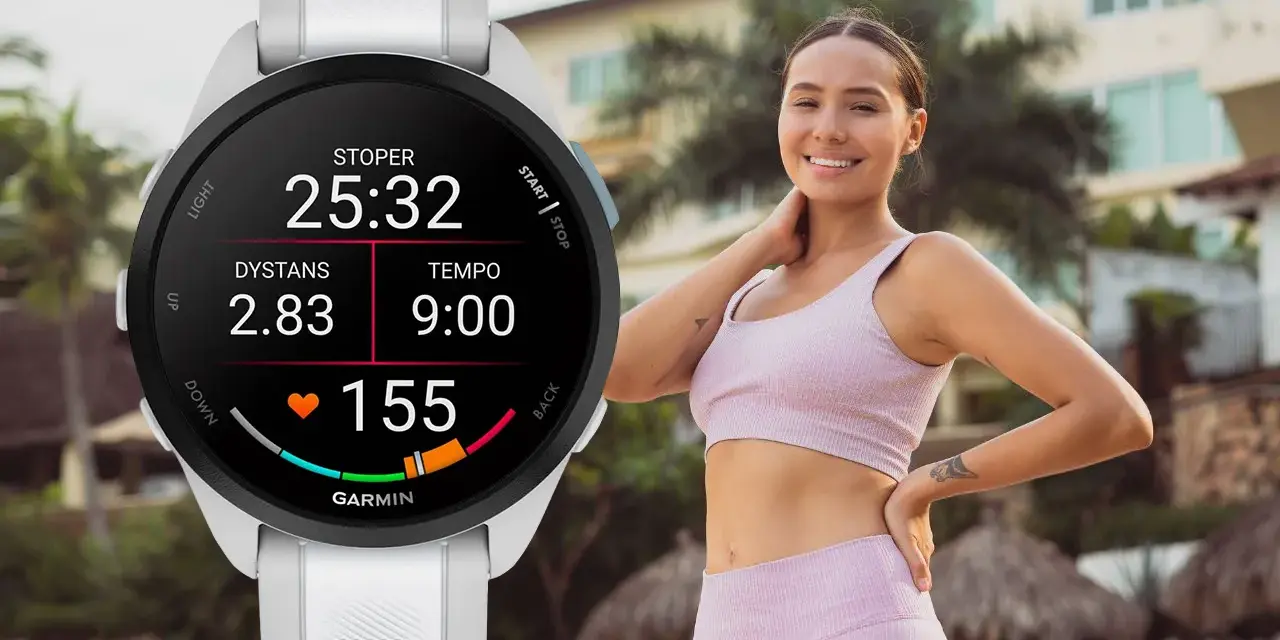 Biały zegarek Garmin z funkcją Garmin Pay, idealny do biegania, pokazuje dystans 2.83 km i tętno 155.