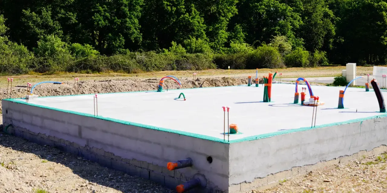 Betonowe fundamenty pod dom parterowy z instalacją hydrauliczną. Zielona izolacja na obrzeżach płyty.