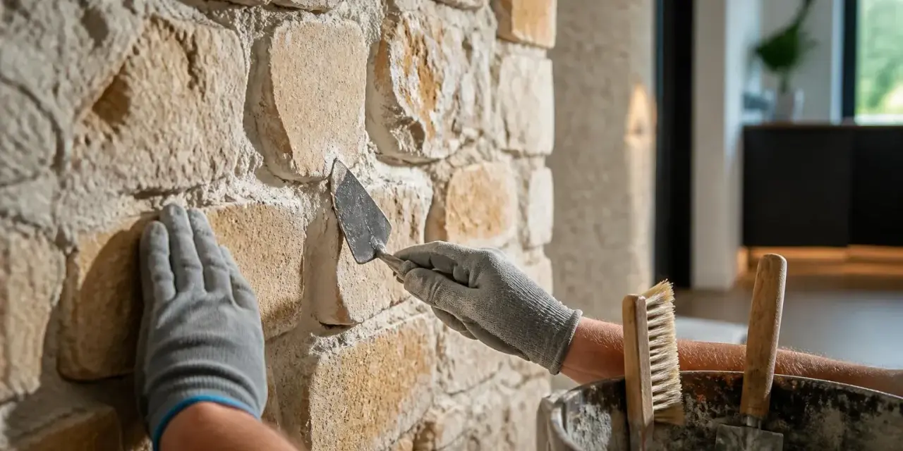 Mains gantées travaillant sur un mur en pierres naturelles, appliquant du mortier avec une truelle. Le mur qui s'effrite retrouve sa beauté.