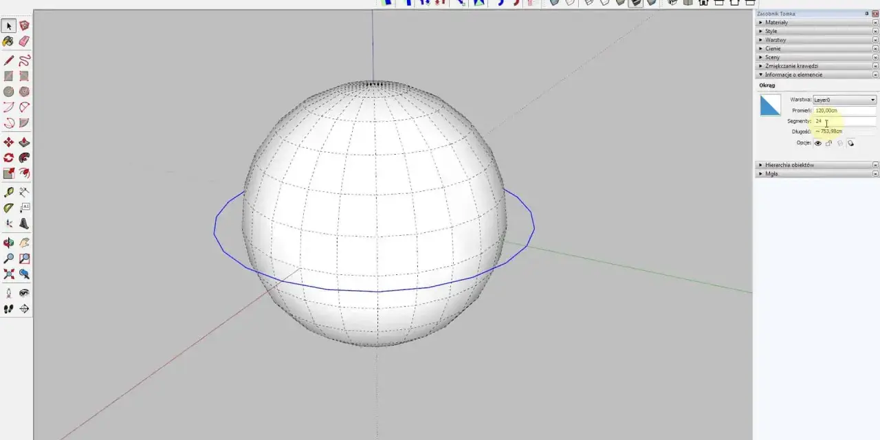 Program SketchUp pokazuje, jak narysować kulę. Widoczna jest siatka i panel z opcjami, gdzie można ustawić promień i segmenty.