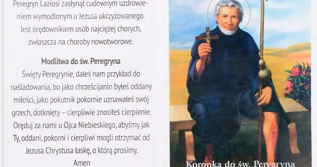 Święty Peregryn z laską i krzyżem, siedzący na ławce.