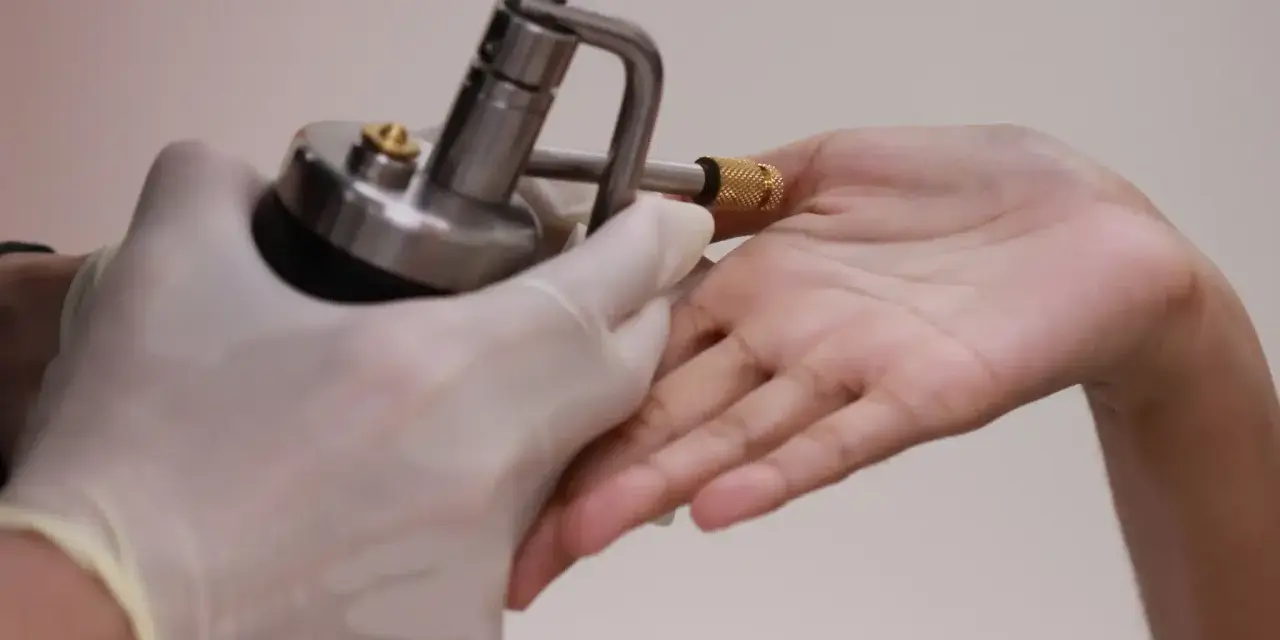 Application d'azote liquide sur une verrue pour un traitement par cryothérapie.