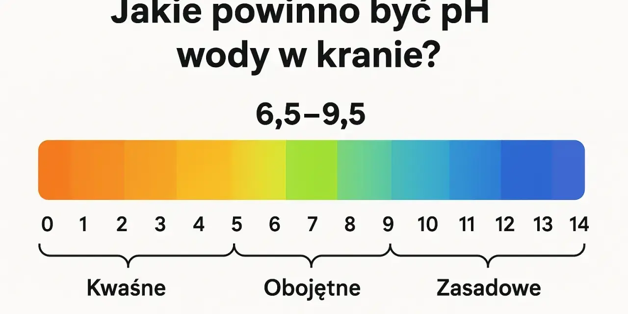 Skala pH wody w kranie: 6,5-9,5. Wykres pokazuje zakresy kwaśne, obojętne i zasadowe.